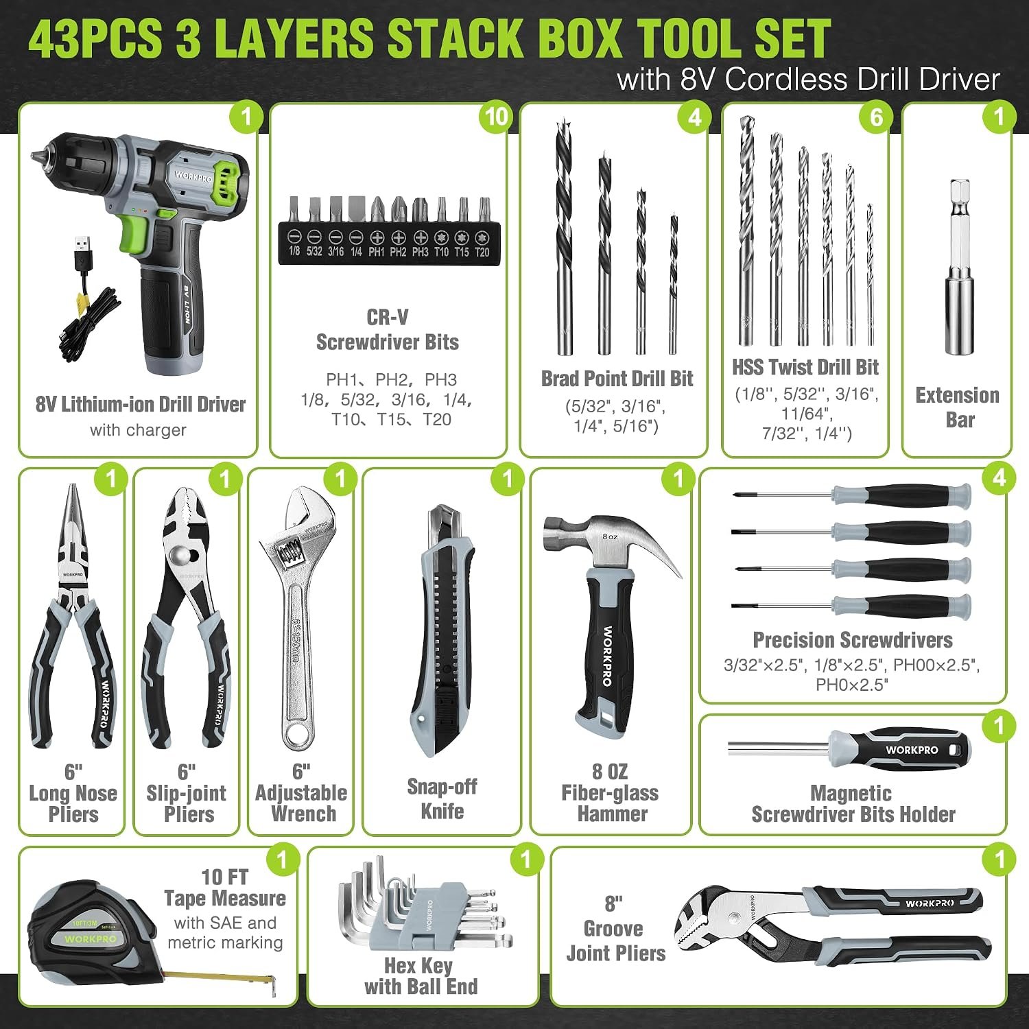 WORKPRO 8V Cordless Drill & Tool Kit – Power Drill Driver Set with Toolbox